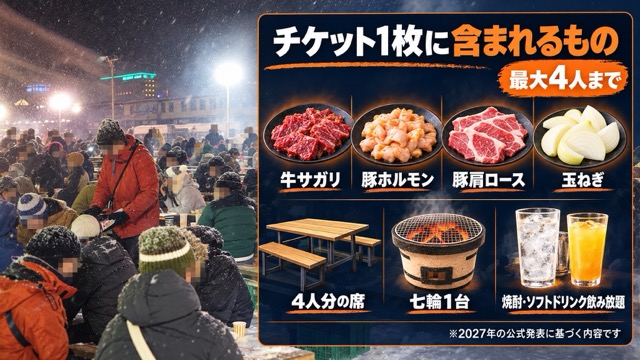 2027北見厳寒の焼き肉まつりのチケットに含まれる食材・席・七輪・飲み物