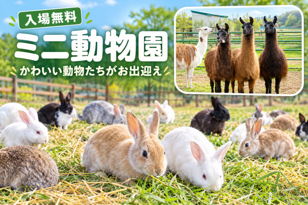 網走原生牧場観光センターのミニ動物園で過ごすウサギとラマ