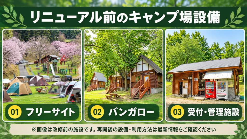 改修前の美幌みどりの村森林公園キャンプ場のフリーサイト、バンガロー、受付管理施設