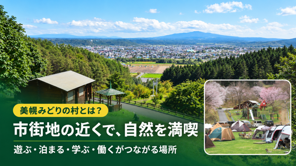 美幌みどりの村から望む美幌市街地と森林、キャンプ場のテントや遊具