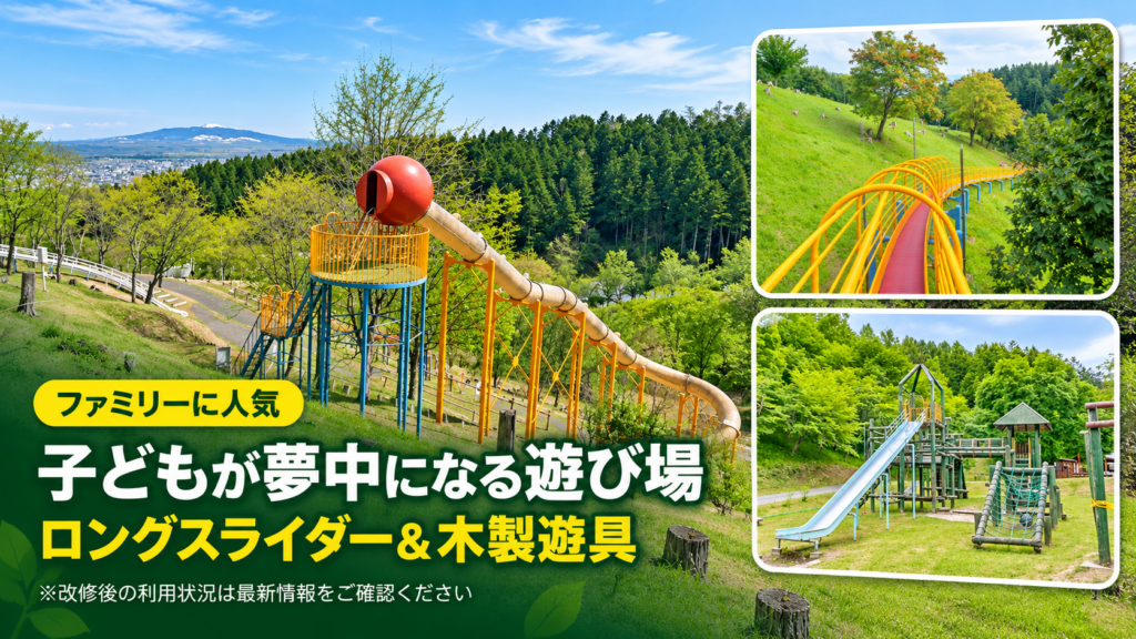 美幌みどりの村の丘に設置されたロングスライダーと木製アスレチック遊具